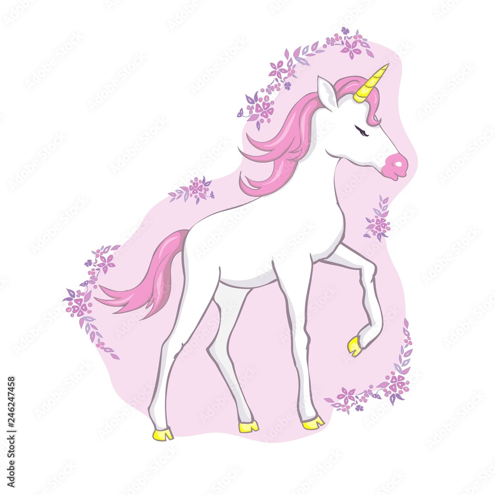 Naklejka premium Cute vector unicorn. Magic character with pink mane surrounded by star dust for sticker, card, t-shirt and funny children's design.