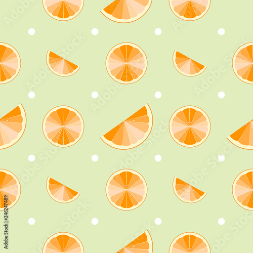 Citrus fruit seamless vector pattern. Orange slices on light green background