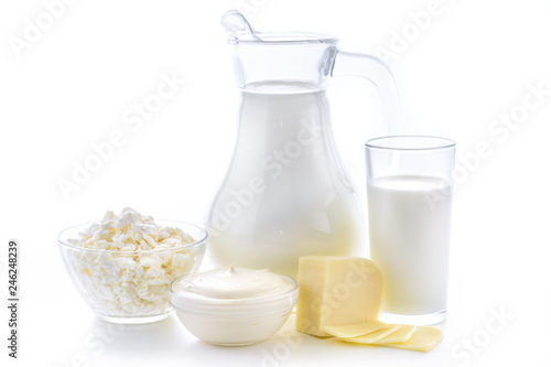 Milk, cottage cheese, sour cream, cheese, still life from fresh dairy products. Dairy nutrition is good for children's health. Milk cocktail from fresh foods on a white background.