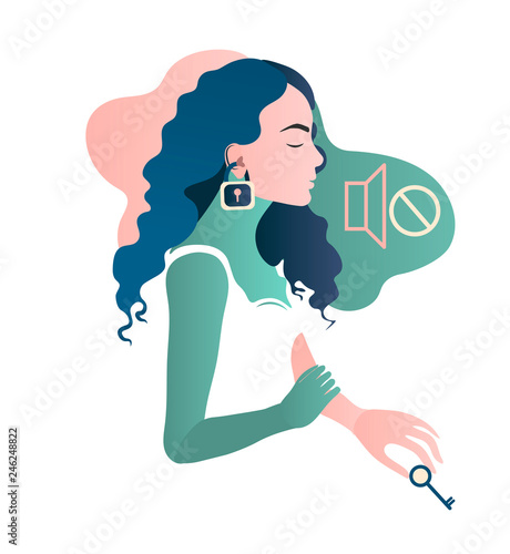 Woman with hear impairment as a symptom of disease. Deaf girl. Hear no sound. Isolated flat vector illustration