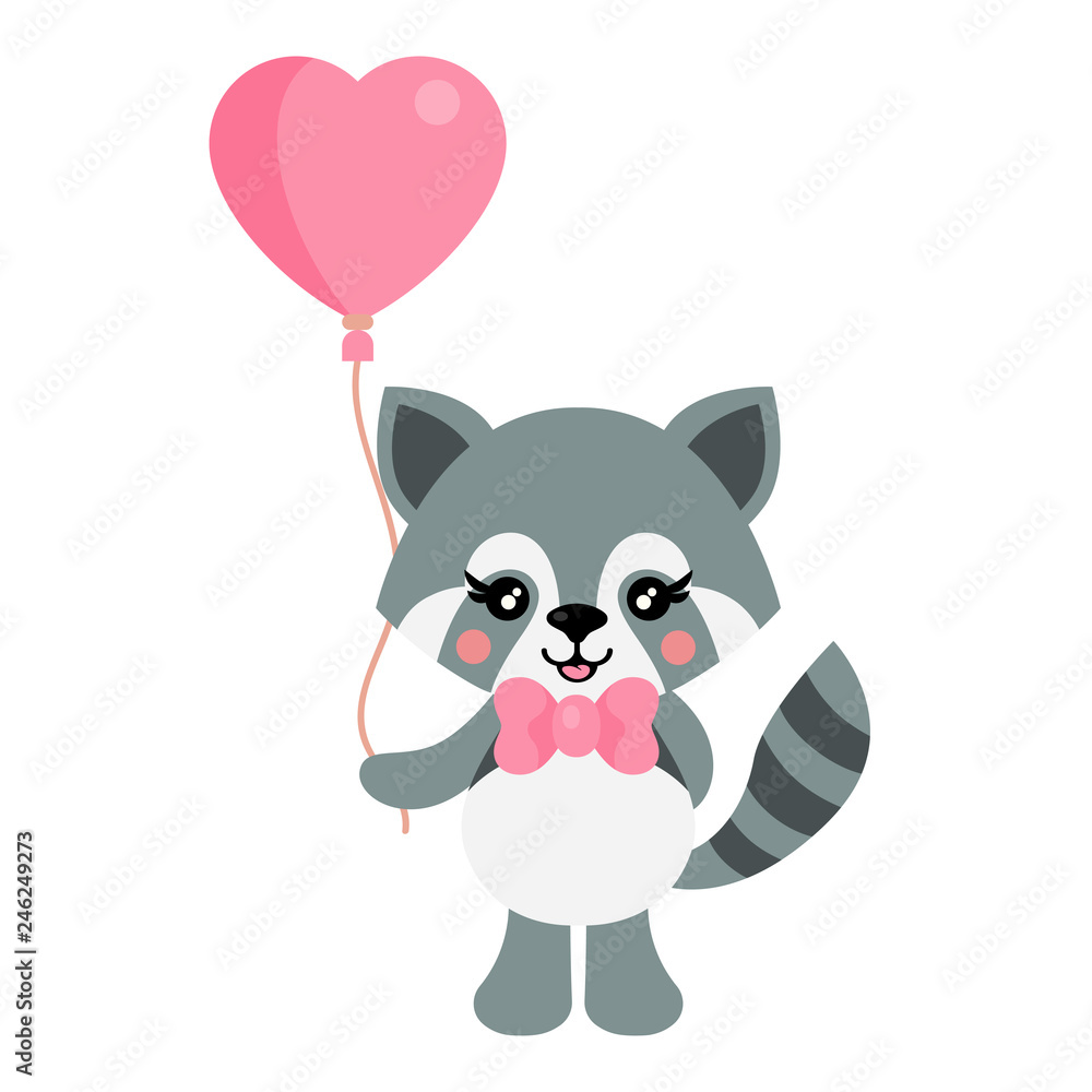 cartoon cute raccoon with tie and lovely balloon