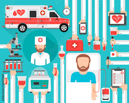 Mobile station for blood transfusions and blood tests. The concept of medicine and health.Vector illustration