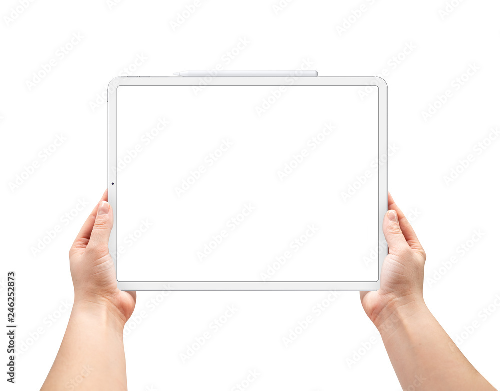 Woman is holding a tablet with a blank screen. Woman is holding a tablet with a blank screen.