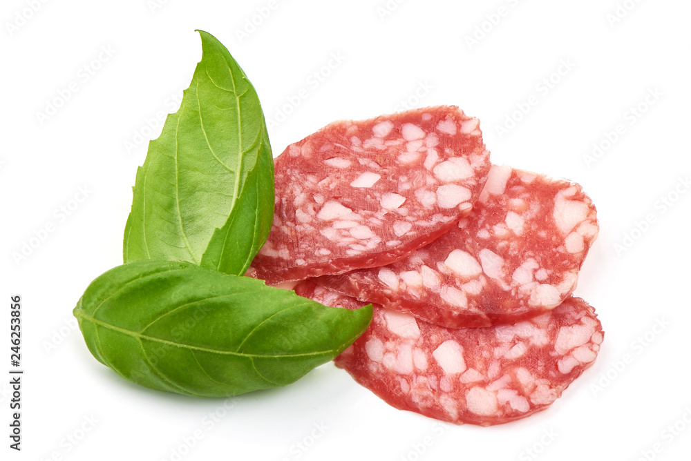 Dried salami slices, close-up, isolated on white background Dried salami slices, close-up, isolated on white background