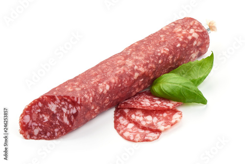 Italian sausage. Tasty dried sausage, close-up, isolated on white background