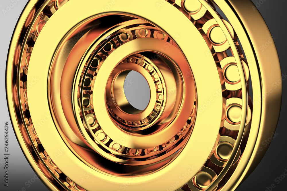 3D rendering. Automotive gold bearings auto spare parts. Tapered roller bearing isolated on a dark background. Wheel bearing for truck, heavy duty and car. 3D rendering. Automotive gold bearings auto spare parts. Tapered roller bearing isolated on a dark background. Wheel bearing for truck, heavy duty and car.