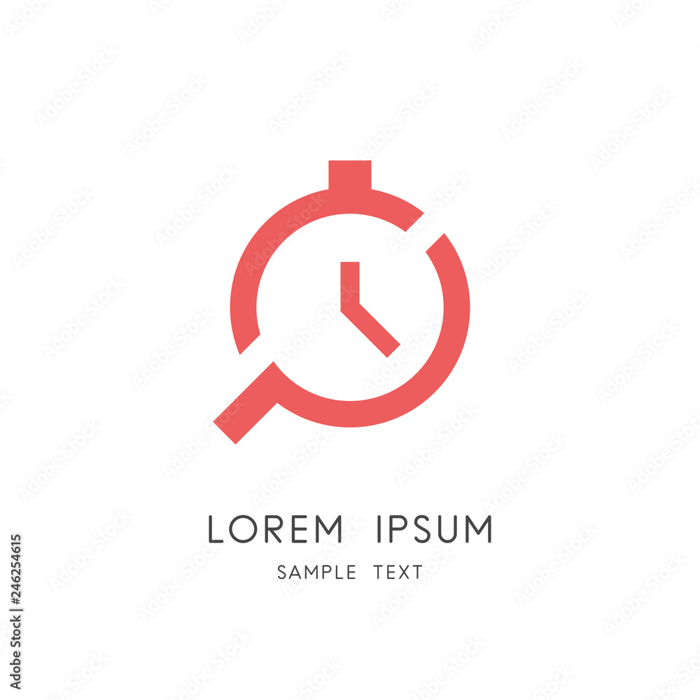 Clock and search logo - stop watch and loupe or magnifier symbol. Time management and control, day planning, efficiency and productivity vector icon. Clock and search logo - stop watch and loupe or magnifier symbol. Time management and control, day planning, efficiency and productivity vector icon.
