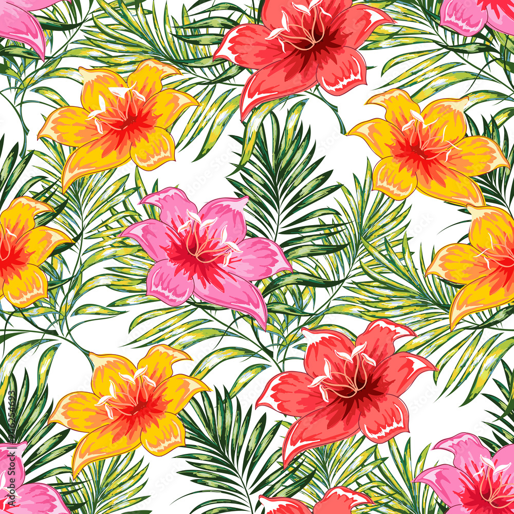 Seamless pattern of a tropical palm tree, jungle leaves and flowers. Hand drawing. Vector floral pattern.