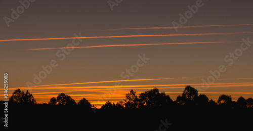 Natural Sunset Sunrise Over Field Or Meadow. Bright Dramatic Sky And Dark Ground