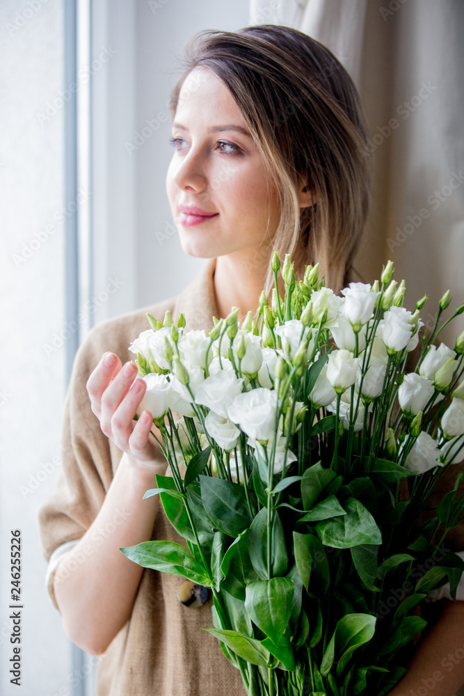 beautiful girl with a bouquet of white roses beautiful girl with a bouquet of white roses