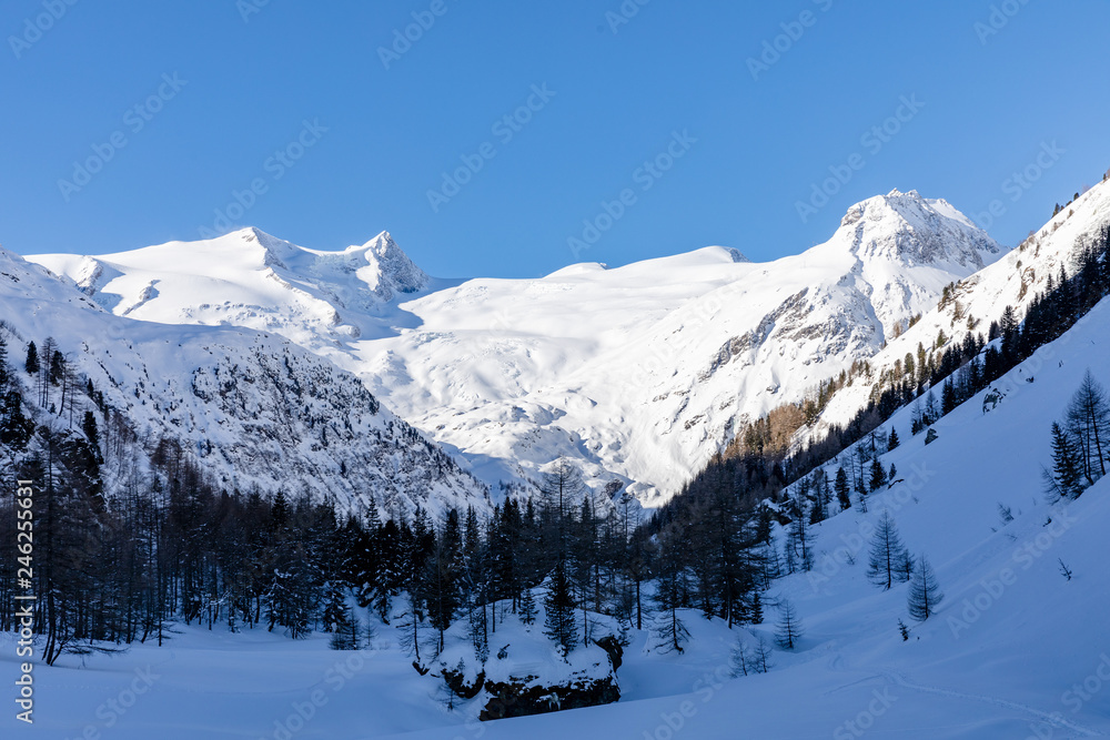 Grossvenediger and Innergschloess valley in winter