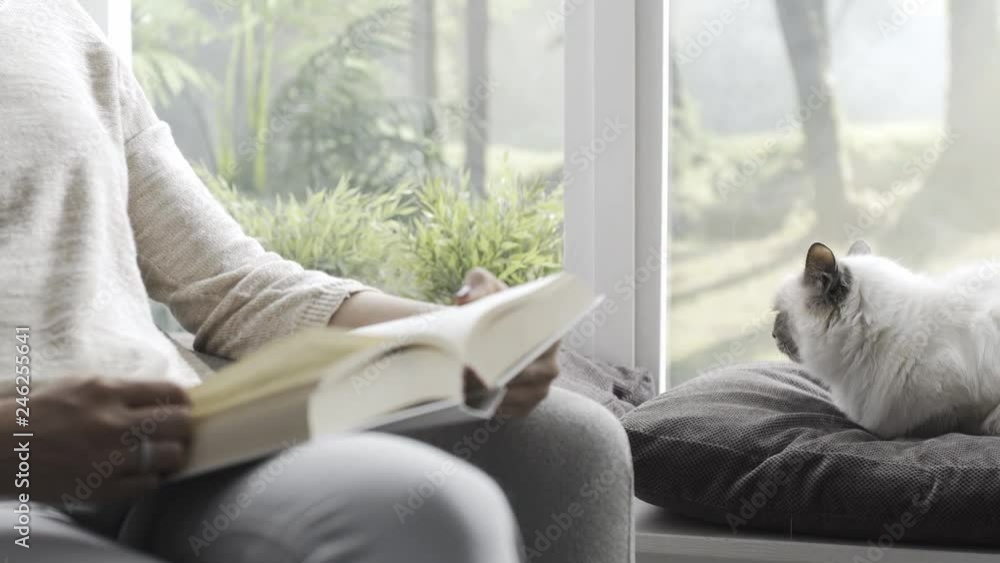 Woman relaxing in the living room with her cute cat Woman relaxing in the living room with her cute cat