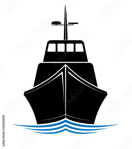Frontal view of a floating ship, tug or boat. Logo for sea, ocean or river transport company.
