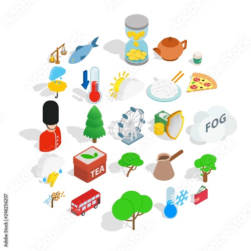 England icons set. Isometric set of 25 england vector icons for web isolated on white background