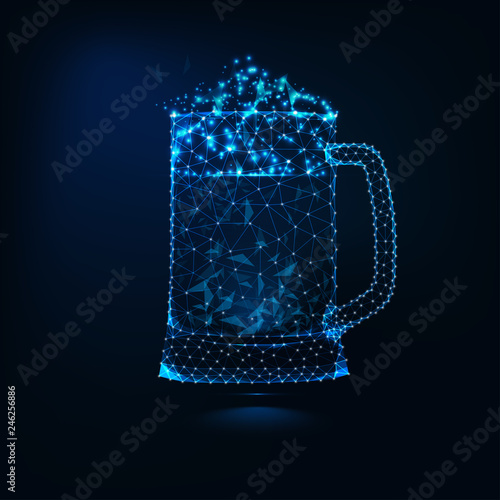 Glowing low poly full glass mug of fresh cold beer with foam on dark blue background.