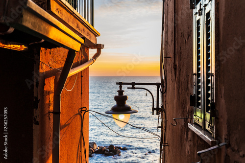 Sea view of Riomaggiore in Liguria, Italy (Cinque Terre)