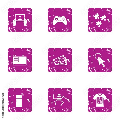 Robot secretary icons set. Grunge set of 9 robot secretary vector icons for web isolated on white background