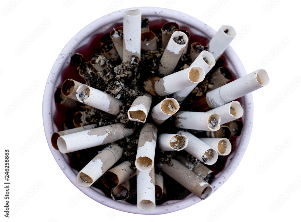 Many cigarette butt isolated on white background.