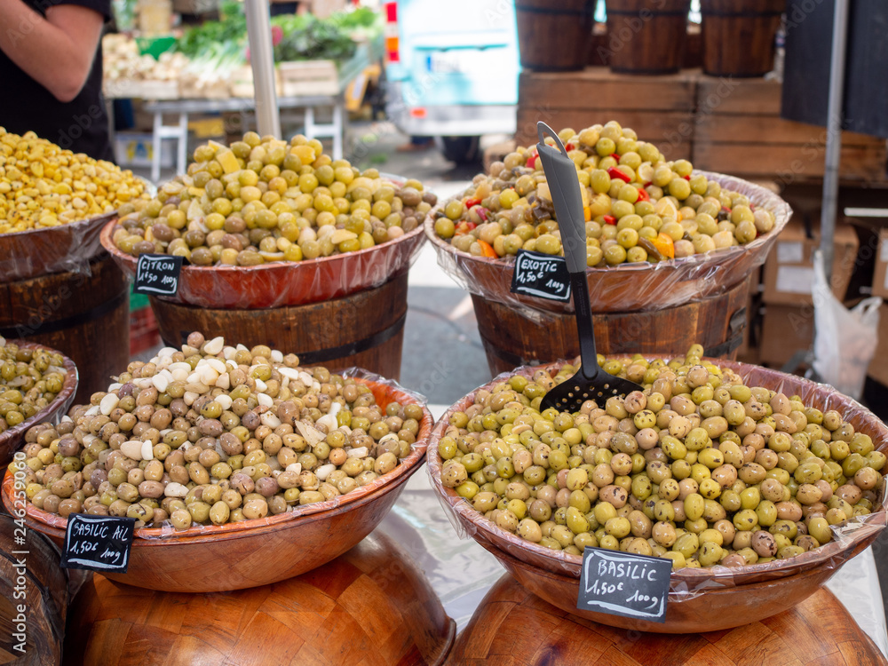 Olives at the farmers market in Arles, France Olives at the farmers market in Arles, France