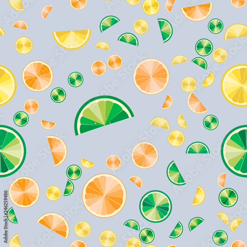 Fototapeta Naklejka Na Ścianę i Meble -  Lemon, lime and orange slices seamless pattern. Yellow, green and orange colors. Summer bright colors, juicy fresh background.