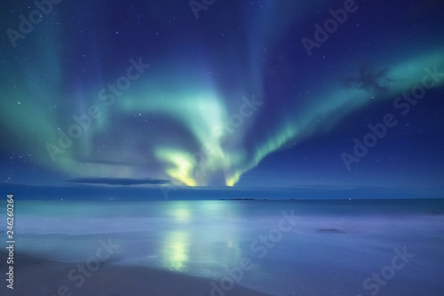 Aurora borealis on the Lofoten islands  Norway. Green northern lights above ocean. Night sky with polar lights. Night winter landscape with aurora and reflection on the water surface. Norway-image