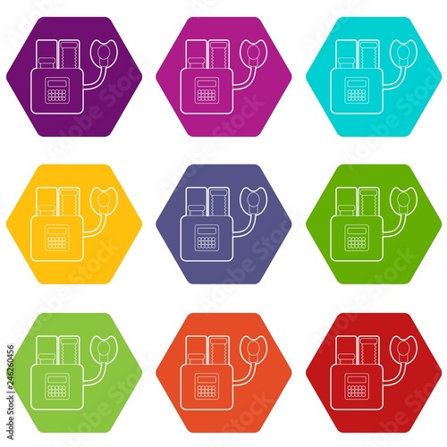 Apparatus for artificial respiration icons 9 set coloful isolated on white for web