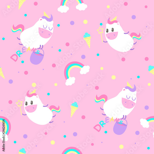 Seamless pattern with unicorns  rainbow and icecream