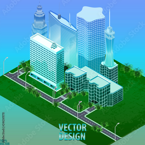 Megapolis 3d isometric three-dimensional view of the city. Collection of houses and skyscrapers with streets, trees and traffic. Magazine cover, Corporate Presentation, Portfolio, Flyer, Banner.