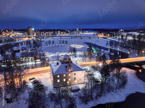 Aerial view of evening city Joensuu in winter, Finland photo
