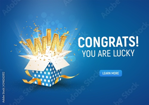 Open textured blue box with confetti explosion inside and win gold word on blue background horizontal illustration. photo