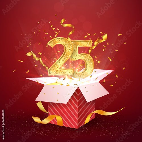 25 th years number anniversary and open gift box with explosions confetti isolated design element. Template twenty five birthday celebration on red background vector Illustration.
