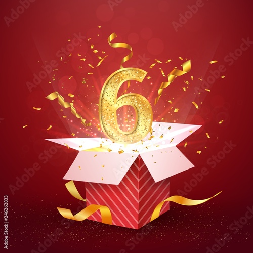 6 th year number anniversary and open gift box with explosions confetti isolated design element. Template six sixth birthday celebration on red background vector Illustration.