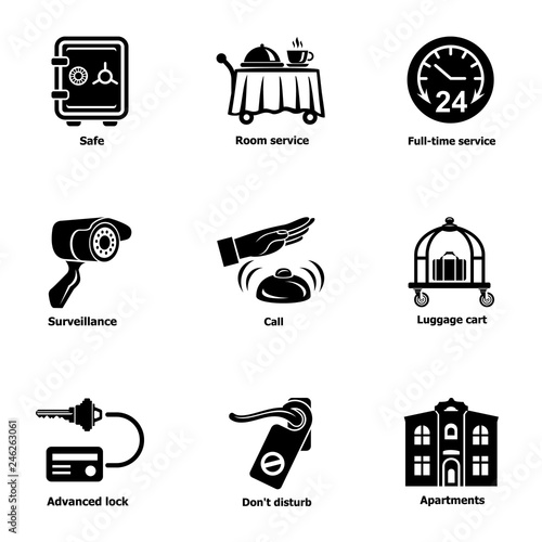 Safe hotel icons set. Simple set of 9 safe hotel vector icons for web isolated on white background