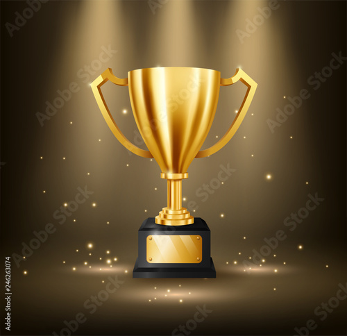 Realistic Golden Trophy with text space and illuminated spotlights, Vector Illustration