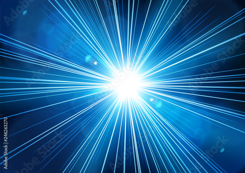 Blue light shining from darkness with realistic lens flare. Vector illustration