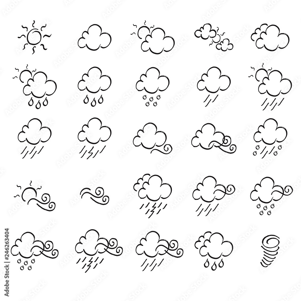 Weather doodle icon set, real pen sketch suitable for for web, mobile and infographics. Vector Illustration