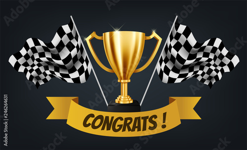 Realistic Golden Trophy with Checkered flag racing championship background  Vector Illustration