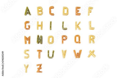 Alphabet from pasta letters font on white background