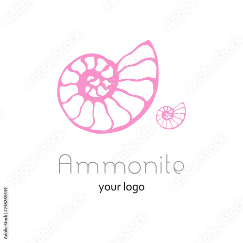 Fossil ammonite nautilus seashell vector logo. Hand drawn illustration for  spa salon, seafood cafe, restaurant, corporate identity. Isolated vector of ancient ammonite fossil. Object for logo, card.