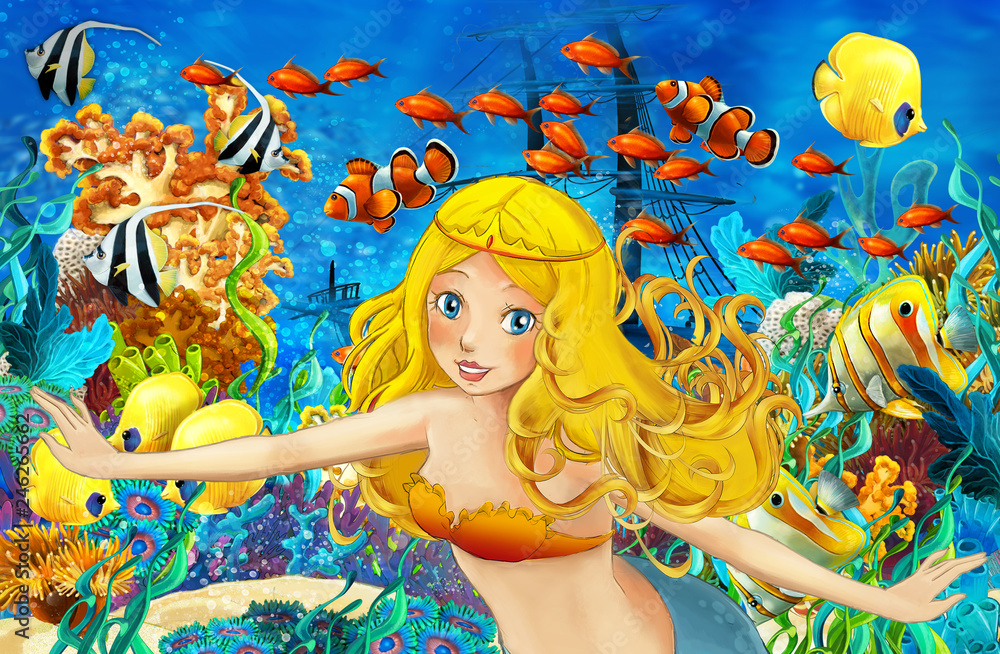 Fototapeta Cartoon ocean and the mermaid in underwater kingdom swimming with fishes - illustration for children