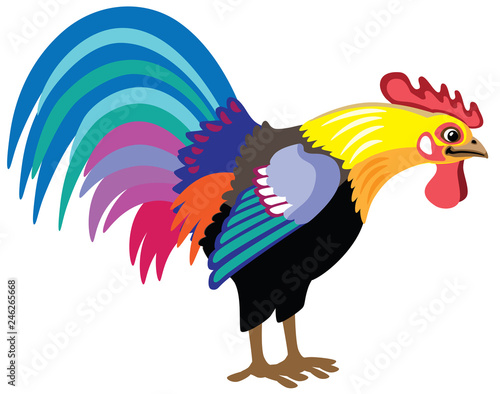 cartoon rooster isolated on white . Side view vector illustration