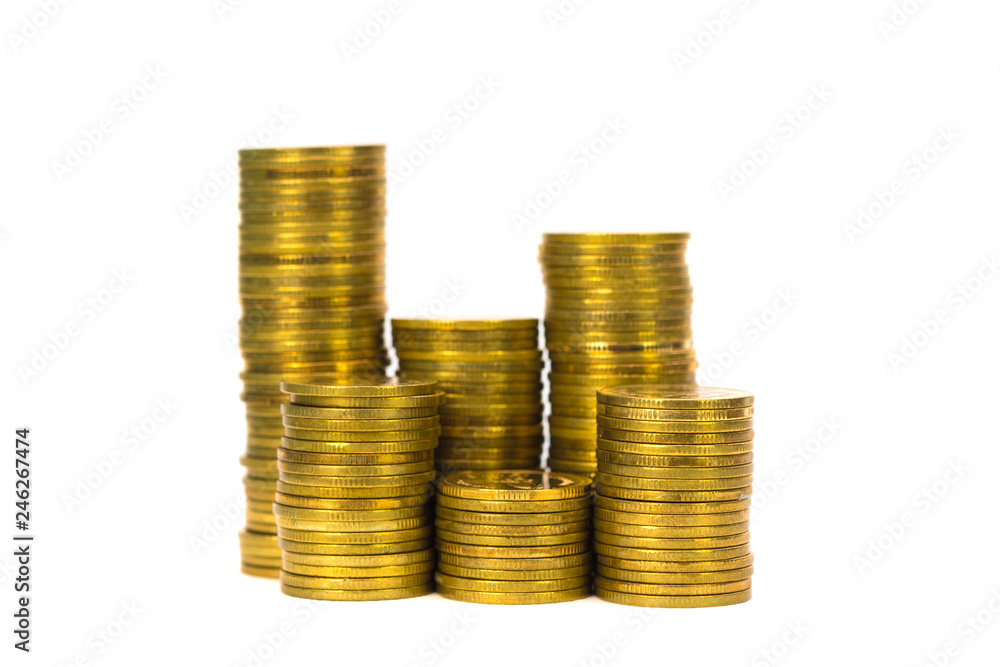 Columns of coins, piles of coins on white background, business and financial concept. Columns of coins, piles of coins on white background, business and financial concept.