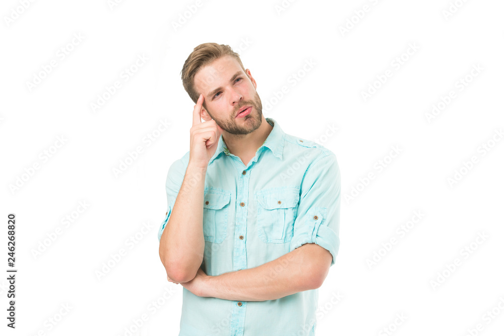 Think to solve. Man with bristle serious face thinking white background. Thoughtful mood concept. Man with beard thinking. Think about solution. Close to solution. Guy thoughtful touches his temple Think to solve. Man with bristle serious face thinking white background. Thoughtful mood concept. Man with beard thinking. Think about solution. Close to solution. Guy thoughtful touches his temple