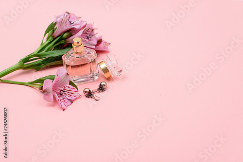 Fototapeta Naklejka Na Ścianę i Meble -   Makeup cosmetics on pink background with copyspace