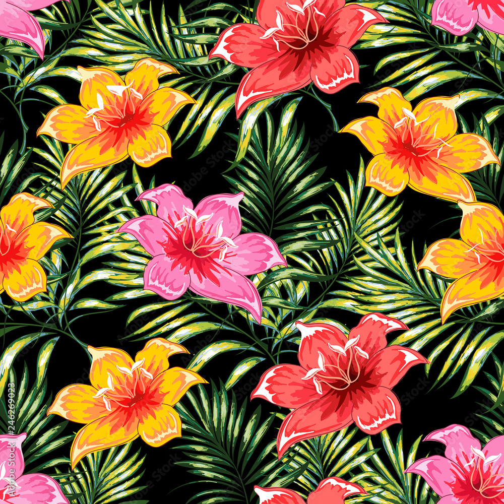 Seamless pattern of a tropical palm tree, jungle leaves and flowers. Hand drawing. Vector floral pattern.