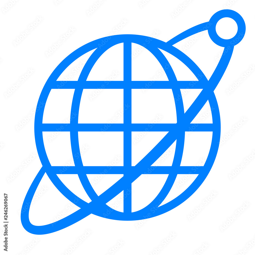 Globe symbol icon with orbit and satellite - blue simple, isolated - vector Globe symbol icon with orbit and satellite - blue simple, isolated - vector