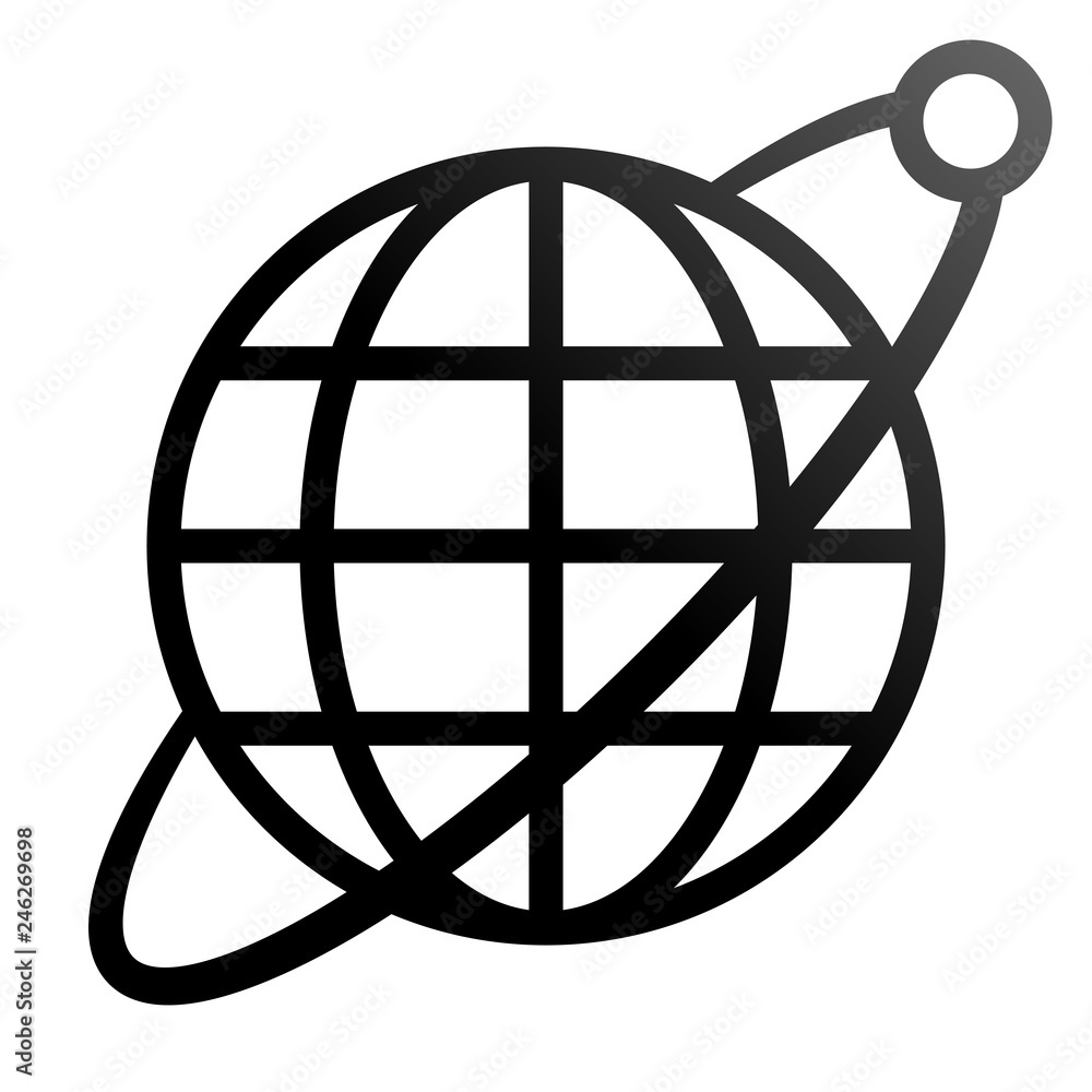 Obraz Globe symbol icon with orbit and satellite - black gradient, isolated - vector