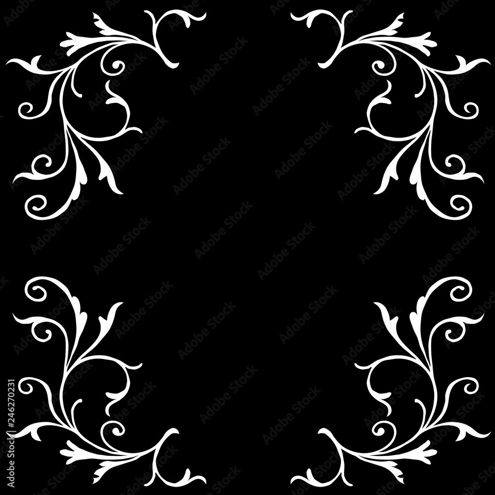 Floral element of vector. Design swirl black on white background. Design print for illustration, elements, corner, invitation, background, cloth, card. Set 3