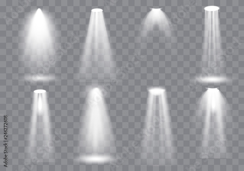 Scene illumination collection, Glowing  transparent Studio light effects. Bright lighting with spotlights. Vector Illustration