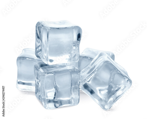 Pile of crystal clear ice cubes on white background